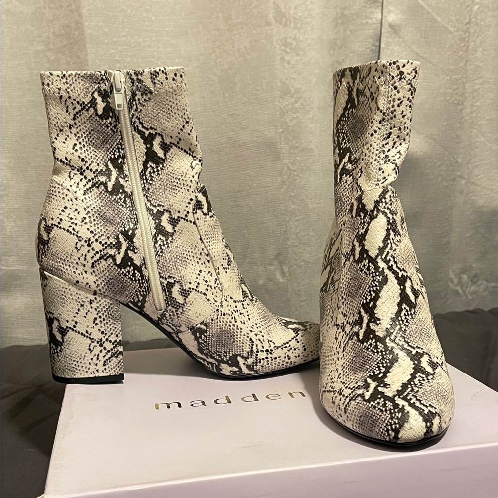Madden Girl Black and White Snake Print Heeled Boots